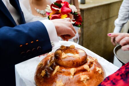 Russian wedding bread with salt. Russian wedding ceremony cake wedding saltの写真素材