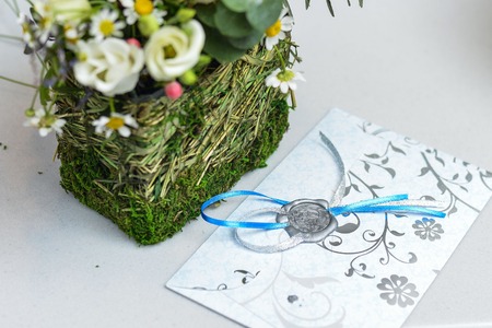 decorations wedding jewelry lying on the couchの写真素材