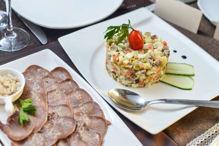 Assorted deli meats - ham, sausage, salami, parma prosciutto bacon fat salad language