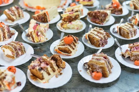 Catering service plate, cakesの写真素材