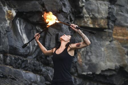 fire show Fire Breather Large Plume Of Flameの写真素材