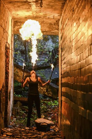 fire show Fire Breather Large Plume Of Flameの写真素材