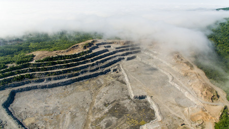 Stone quarry. Aerial view over the building materials processing factory. View from above.