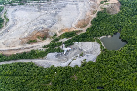 Stone quarry. Aerial view over the building materials processing factory. View from above.