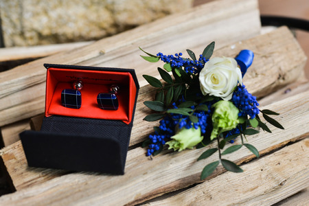 wedding jewelry lying on the couchの写真素材