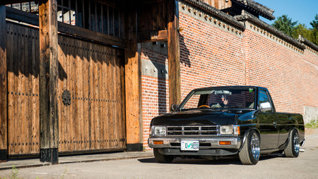Khabarovsk, Russia - August 28, 2016 : car Nissan Datsun pickup truck on the street, around the houseのeditorial素材