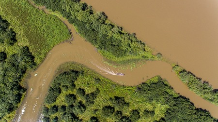The view from the top on a long boat on the Amur river, Russia, Khabarovskの写真素材