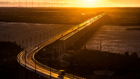 Khabarovsk bridge is a road Railway bridge, which crosses the Amur river at Khabarovskの写真素材