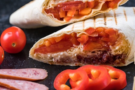 Delicious shawarma on a black backgroundの写真素材