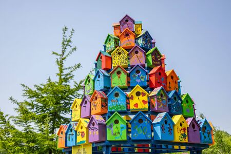 Khabarovsk, Russia - June 20: multicolored birdhouses in the Park in Khabarovsk June 20, 2018 . Russiaのeditorial素材