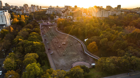 Khabarovsk Park in the city center. city ponds. autumn. the view from the top. taken by drone.の写真素材