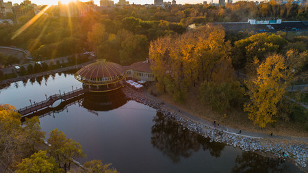 Khabarovsk Park in the city center. city ponds. autumn. the view from the top. taken by drone.の写真素材