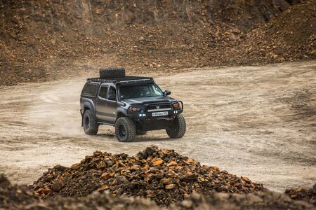 KHABAROVSK, RUSSIA - october 7, 2018: Toyota Tacoma quick ride on a offroad