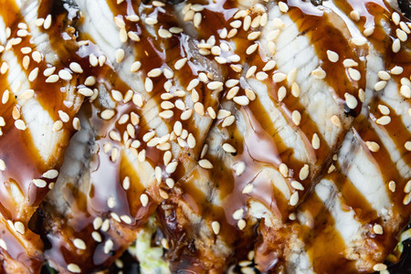 Salad With Smoked Eel with Unagi Sauce. Japanese Food