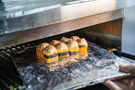 Japanese baked roll . Baking roll. Plate for roasting rolls.