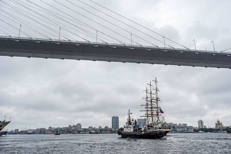 Vladivostok, Primorsky Krai . Russia. June 17, 2019: sailing ship Pallada in the port of Vladivostokのeditorial素材
