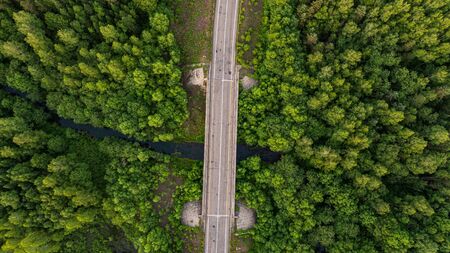 Top view of the dirt road and green spring forests in bright sunset colors. Beautiful landscape from...