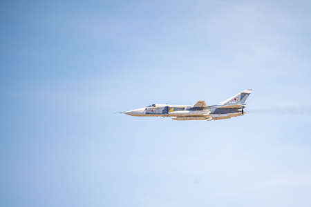 Russia, Khabarovsk - May 9, 2020: Su-24M2 upgraded front-line bomber with variable geometry wing . Parade in honor of victory. Military air parade in honor of Victory Day.のeditorial素材