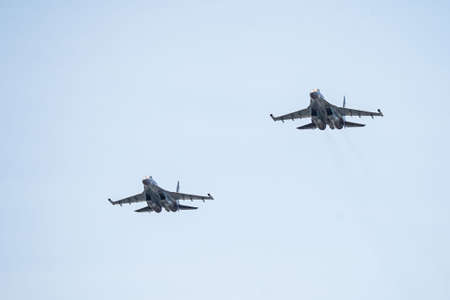 Russia, Khabarovsk - May 9, 2020: Su-34 front-line fighter-bomber . Parade in honor of victory. Military air parade in honor of Victory Day.のeditorial素材
