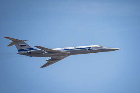 Russia, Khabarovsk - May 9, 2020: Tu-134UBL training, the cabin and nose of the Tu-22 M . Parade in...