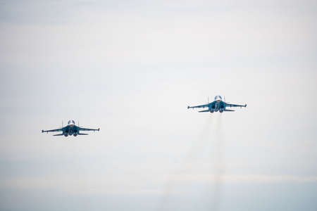 Russia, Khabarovsk - May 9, 2020: Su-34 front-line fighter-bomber . Parade in honor of victory. Military air parade in honor of Victory Day.のeditorial素材