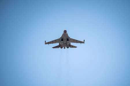 Russia, Khabarovsk - May 9, 2020: Su-35S multi-functional fighter of generation 4 . Parade in honor of victory. Military air parade in honor of Victory Day.のeditorial素材