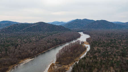 Valley Of The Mountain River Anyuy. Khabarovsk territory in the far East of Russia. The view of Anyui river is beautiful. Anyu national Park. Landscape mountain river in the Russian taiga.の写真素材
