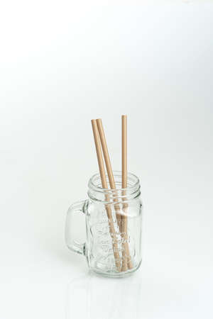 Bamboo drinking straws with Zero - waste. Ecological concept. Concept zero waste. Selective focus, copy space. white background.の写真素材