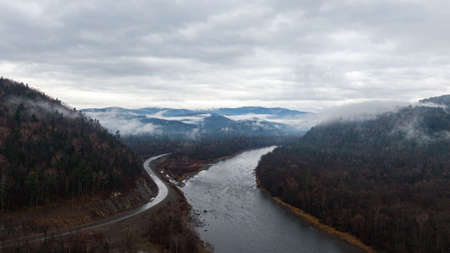 Valley Of The Mountain River Anyuy. Khabarovsk territory in the far East of Russia. The view of Anyui river is beautiful. Anyu national Park. Landscape mountain river in the Russian taiga.の写真素材