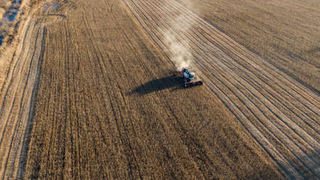 Harvesting of soybean field with combine in late summer