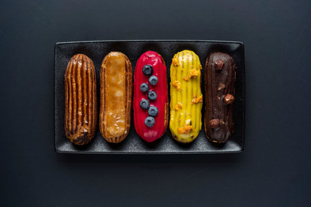 colorful eclairs on a black plate on a black background top view