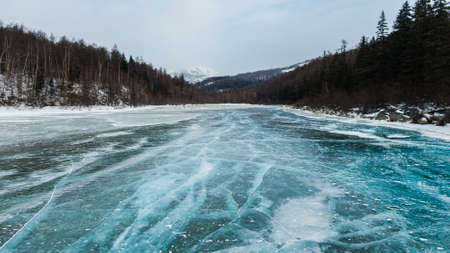 blue ice on the river . frozen riverの写真素材