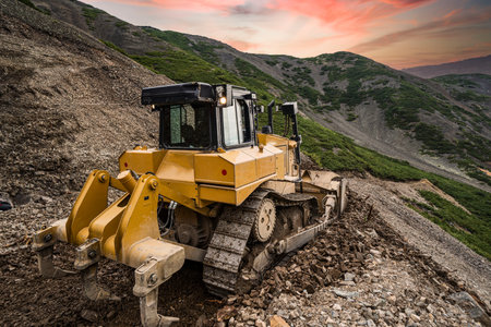 Yellow excavator on new construction site, with the bright sun and nice red sky in the backgroundの写真素材