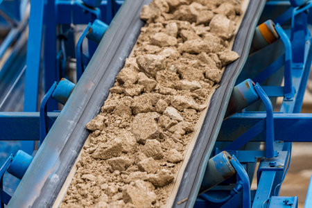 Industrial belt conveyor moving raw materials from mineの写真素材