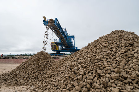Industrial belt conveyor moving raw materials from mine