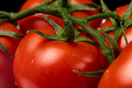 Two fresh, red cherry tomatoes with green stem isolated on white background. Clipping path.の写真素材