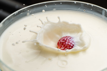 Strawberry falling into splashing milk. Isolated on white.の写真素材