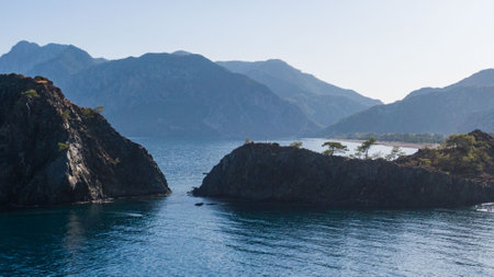 View of Olympos - Chiraly beach and Mediterranean Sea on sunny summer day. Turkey.の写真素材