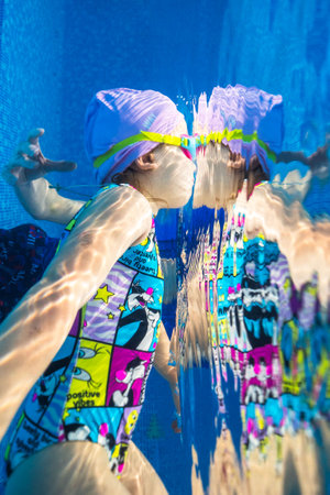 Little child swims underwater in swimming pool, happy active dives and has fun under water, kid fitness and sportの写真素材