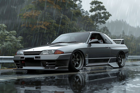 A sleek silver car with shiny alloy wheels parked on a gray surfaceの写真素材