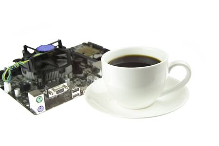Black Coffee and Mainboard computer on isolated background.の写真素材