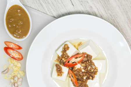 White Tofu and bean with garlic deep fried.の写真素材