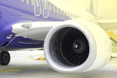 Close up Turbine of engine airplane in airport.