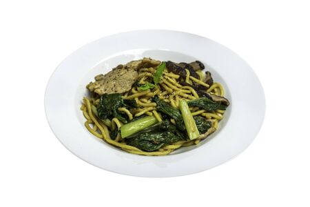 Chinese stir-fried noodles, Shiitake mushrooms, Pork and Cantonese vegetables, Hokkien noodles, Phuket's traditional food.の写真素材