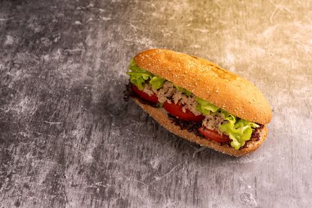 Sandwich Tuna with filling from lettuce, tomato with whole wheat bread.
