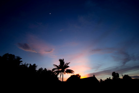 Silhouettes of house in the evening, dome in the sunset, Chiang Mai, Thailandの写真素材