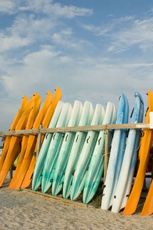 Kayaks are lined up at a rental facility.の写真素材