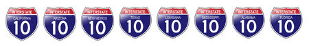 United States Interstate 10 Signs, from California to Florida, with reflective-looking surface.のイラスト素材