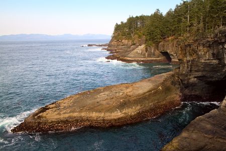 The rocks and caves at Cape Flattery, Washington, the northwestern-most point in the continental U.S.の写真素材