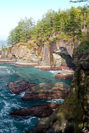 The rocks and caves at Cape Flattery, Washington, the northwestern-most point in the continental U.S.の写真素材